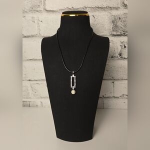 Modern Rhinestone & Faux Pearl Pendant Necklace on Black Cord – Adjustable